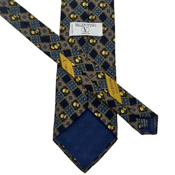 Valentino Cravatte Vintage Men’s Sil Tie Italy Blue Gold Geometric Pattern - Picture 6 of 10